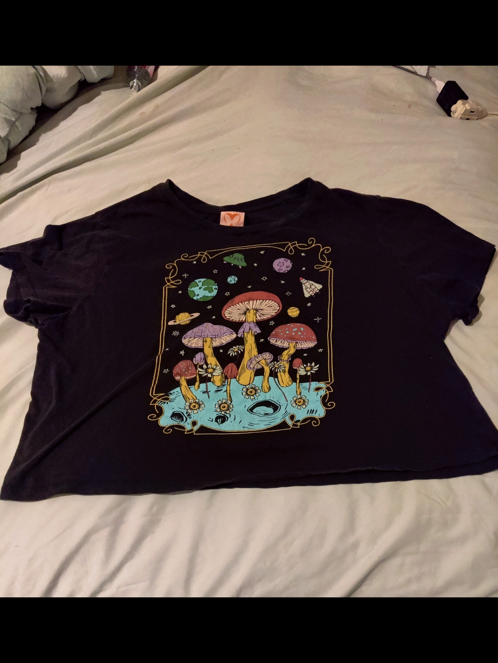 Self Esteem Crop Top XL Black Cosmic Magic Mushroom Graphic Tee Trippy Rave